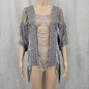 Vintage Leopard Print Fringe See Through Sliced Thrashed Tee Top